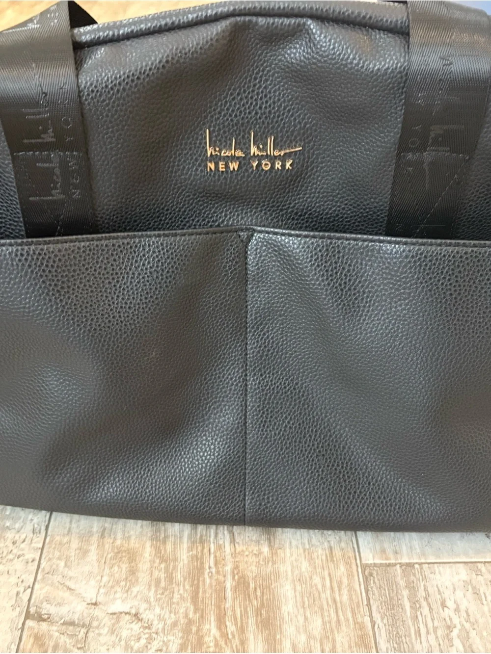 Nicole Miller Black Pebbled Leather Diaper Bag with Zip Detail